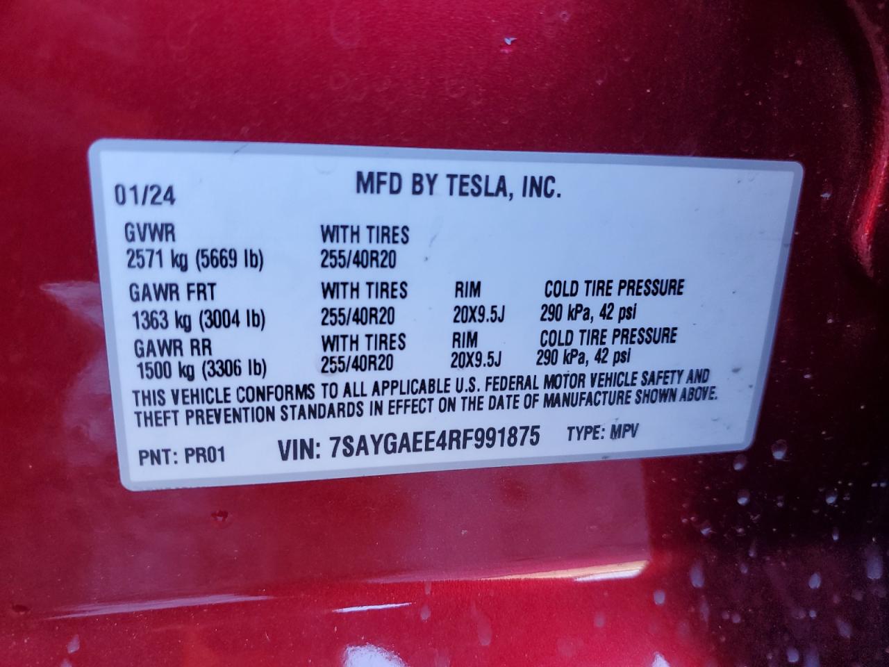 2024 TESLA MODEL Y VIN:7SAYGAEE4RF991875