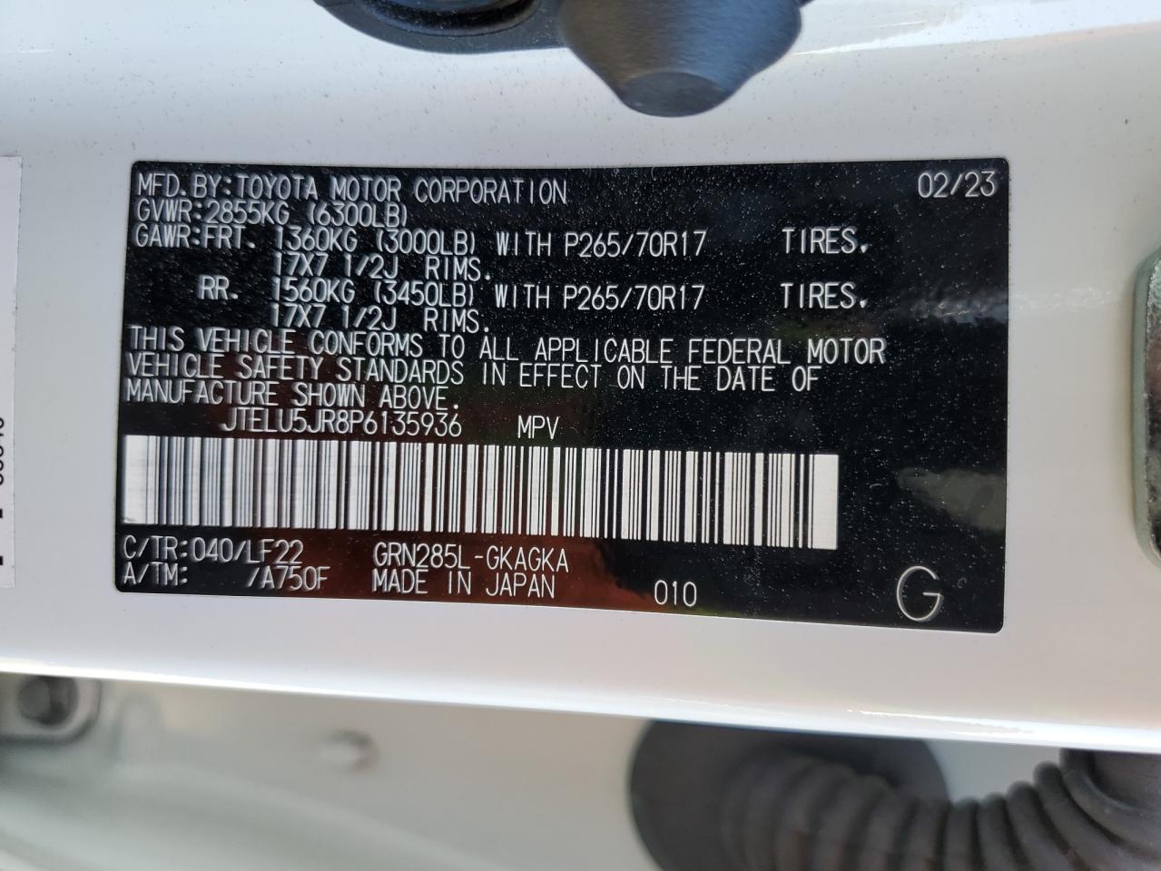 2023 TOYOTA 4RUNNER SE VIN:JTELU5JR8P6135936