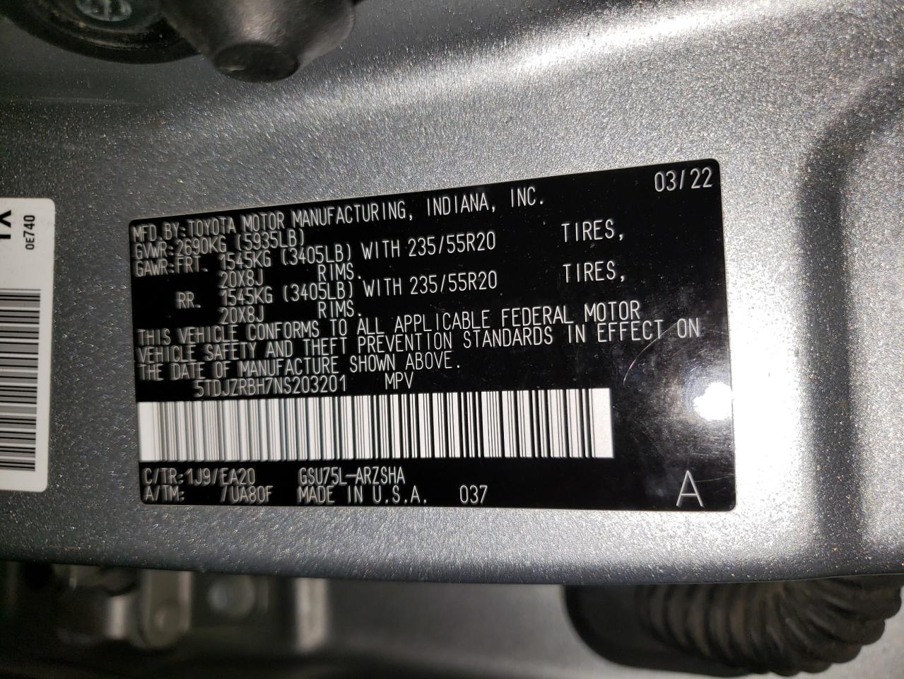 2022 TOYOTA HIGHLANDER XSE VIN:5TDJZRBH7NS203201