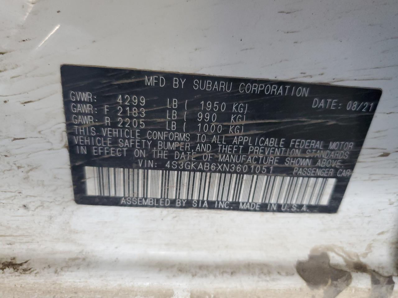 2022 SUBARU IMPREZA VIN:4S3GKAB6XN3601051