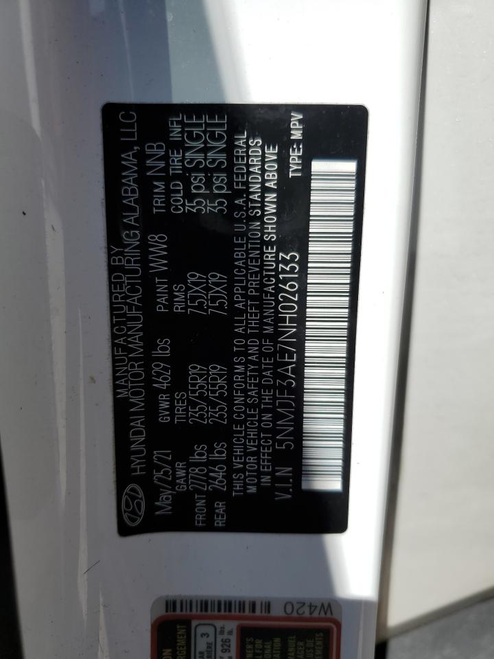 2022 HYUNDAI TUCSON SEL VIN:5NMJF3AE7NH026133