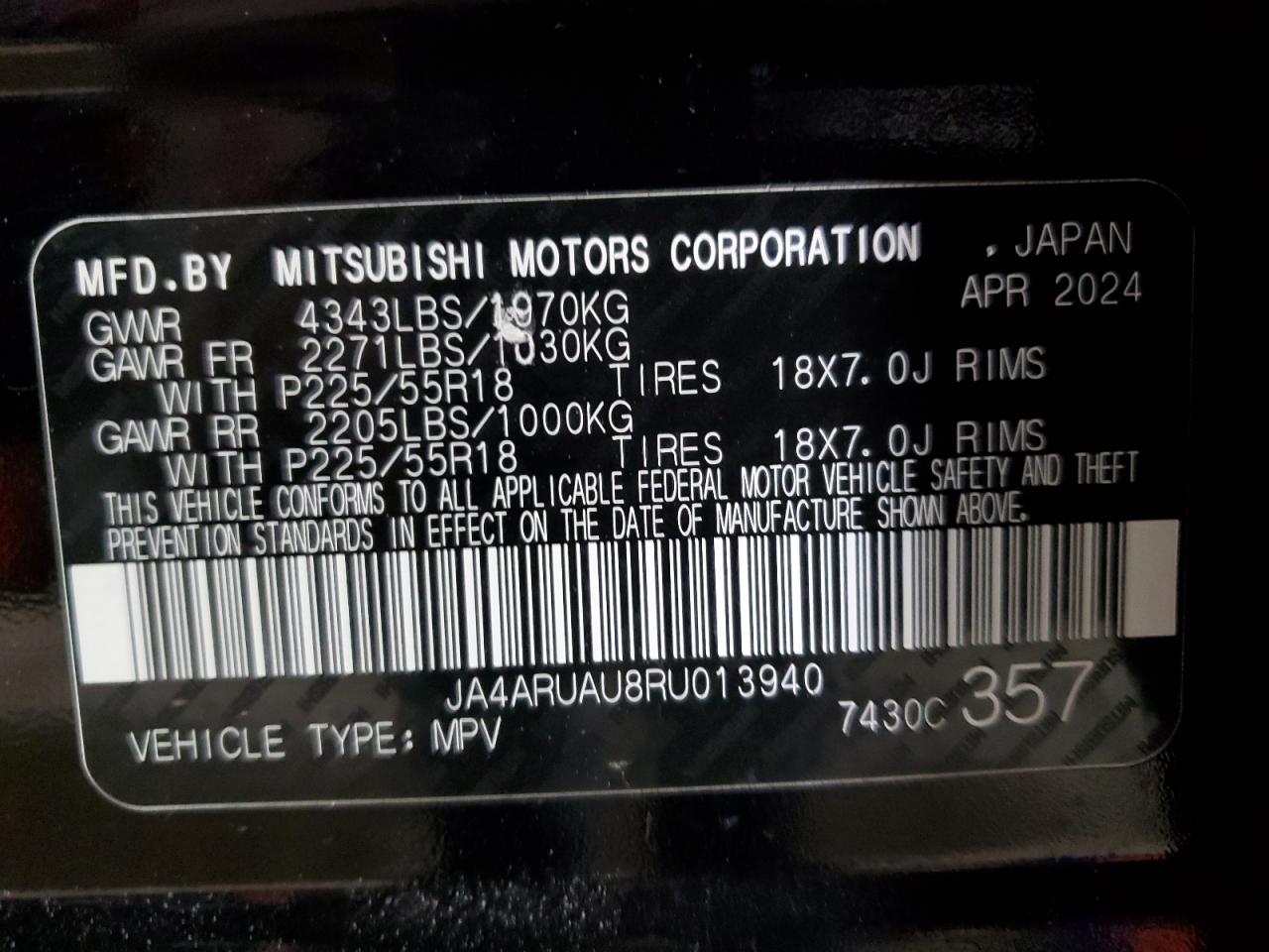 2024 MITSUBISHI OUTLANDER SPORT S/SE VIN:JA4ARUAU8RU013940