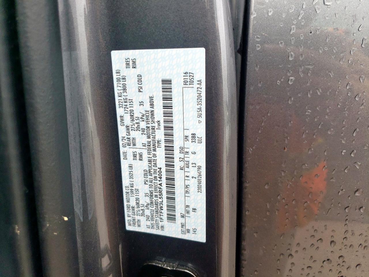 2024 FORD F150 XLT VIN:1FTFW3L55RFA14004