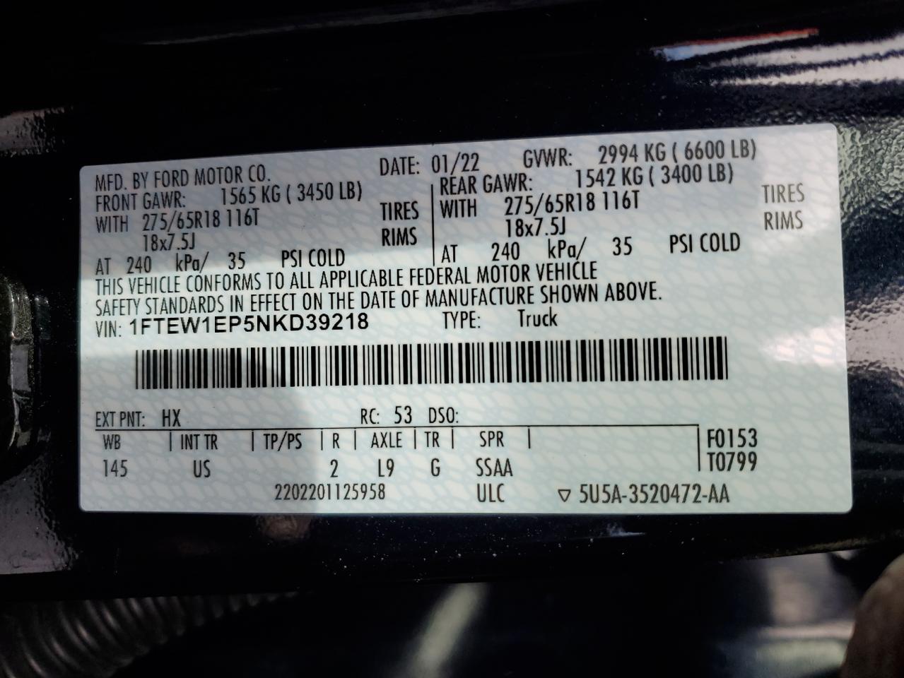 2022 FORD F150 SUPERCREW VIN:1FTEW1EP5NKD39218