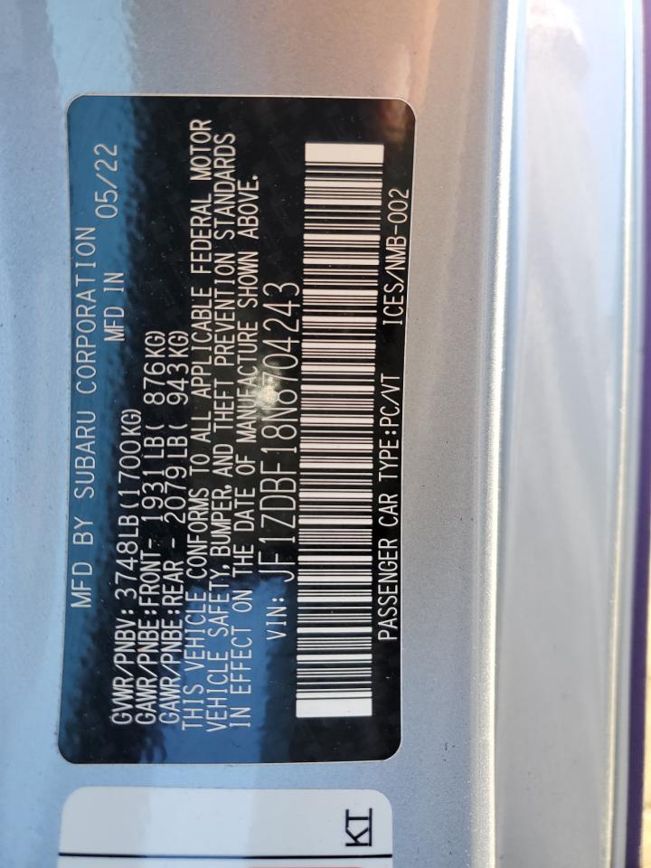 2022 SUBARU BRZ LIMITED VIN:JF1ZDBF18N8704243