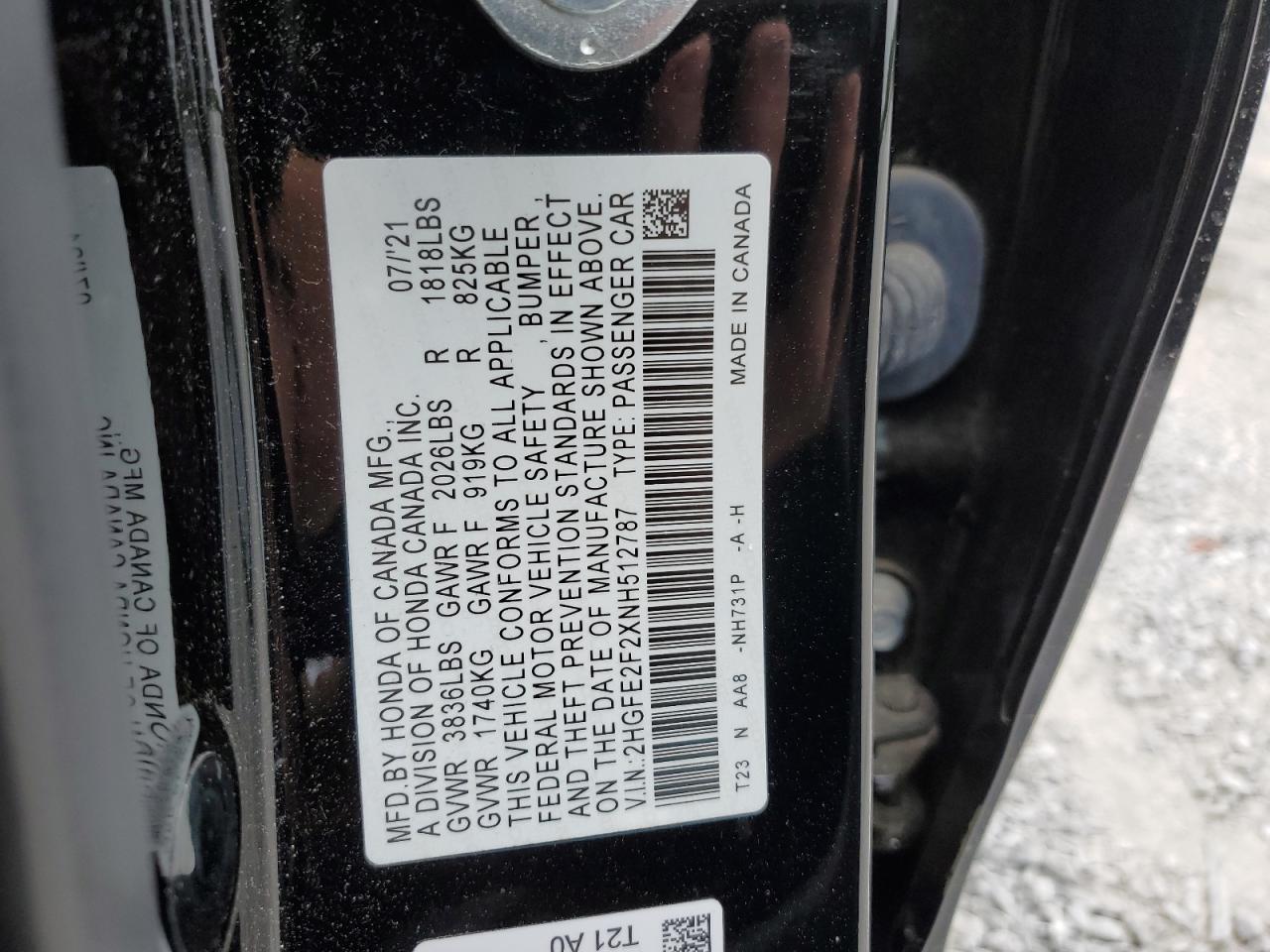 2022 HONDA CIVIC LX VIN:2HGFE2F2XNH512787