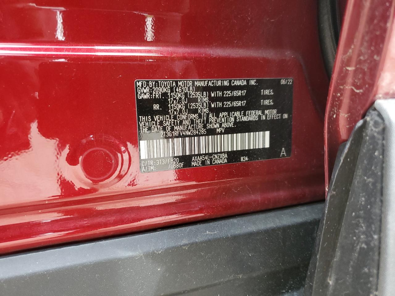 2022 TOYOTA RAV4 LE VIN:2T3G1RFV4NW284285