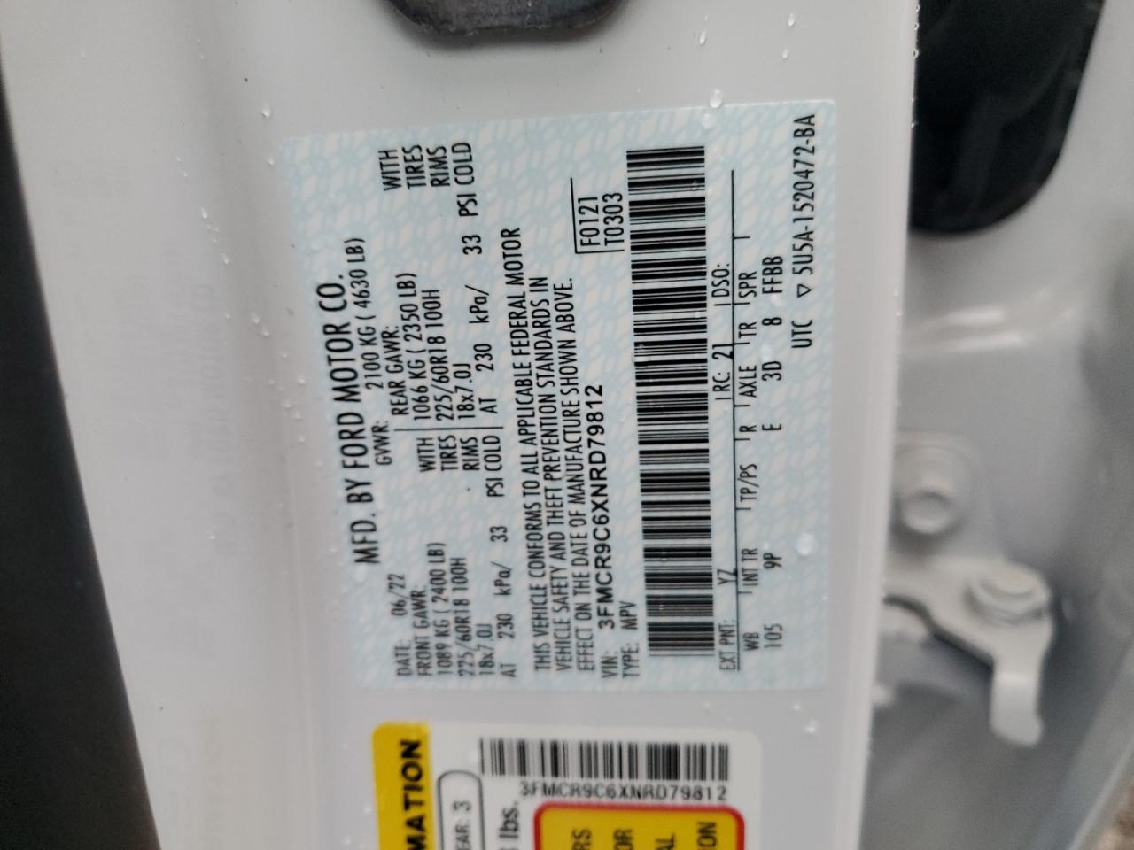 2022 FORD BRONCO SPORT OUTER BANKS VIN:3FMCR9C6XNRD79812