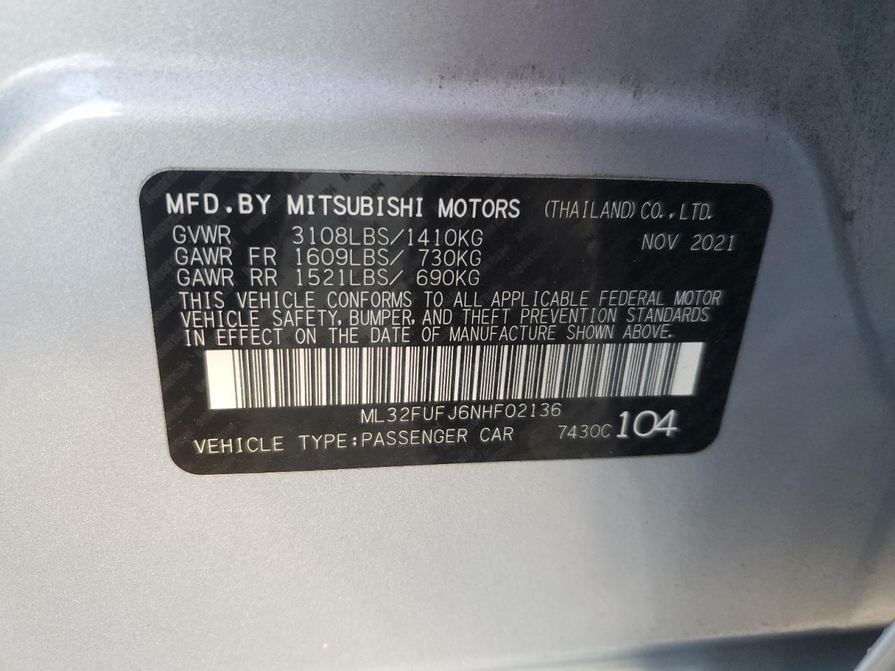 2022 MITSUBISHI MIRAGE G4 ES VIN:ML32FUFJ6NHF02136