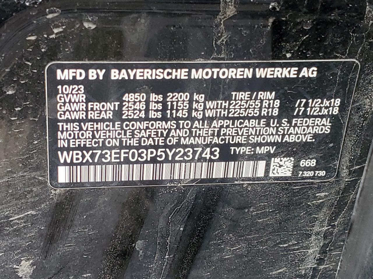 2023 BMW X1 XDRIVE28I VIN:WBX73EF03P5Y23743