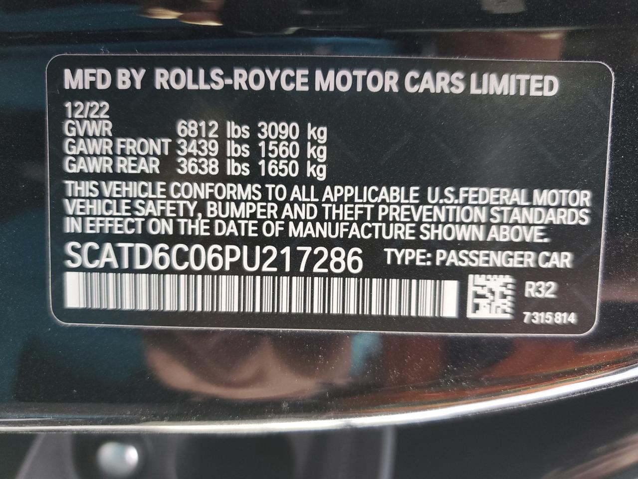 2023 ROLLS-ROYCE GHOST BLACK BADGE VIN:SCATD6C06PU217286