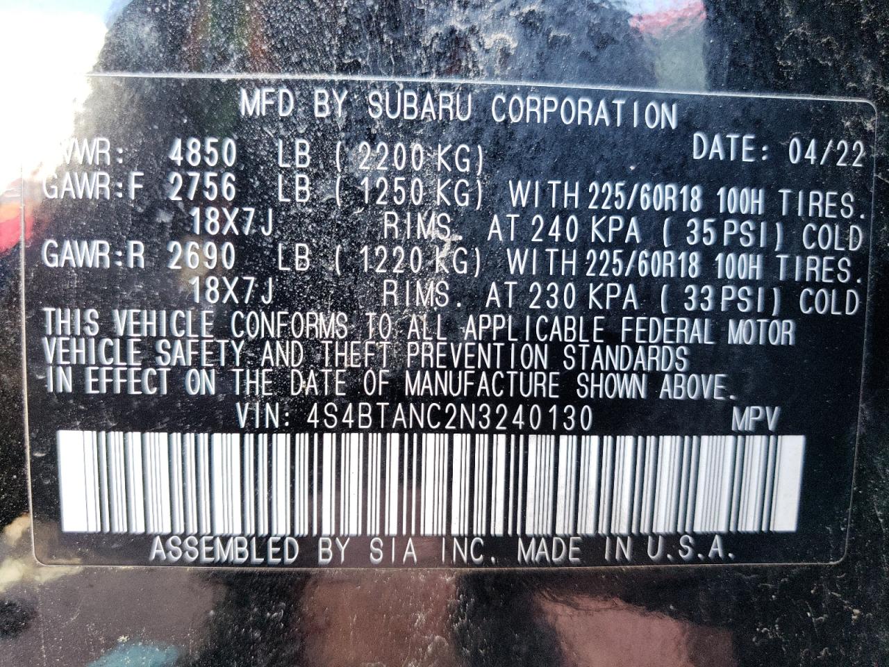 2022 SUBARU OUTBACK LIMITED VIN:4S4BTANC2N3240130