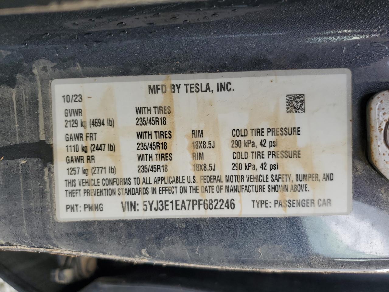 2023 TESLA MODEL 3 VIN:5YJ3E1EA7PF682246