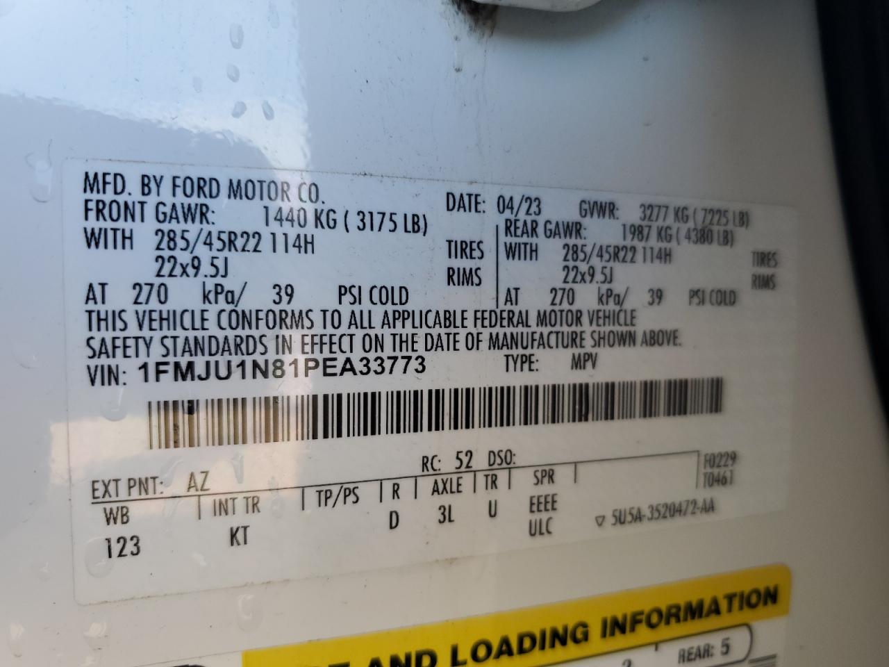 2023 FORD EXPEDITION KING RANCH VIN:1FMJU1N81PEA33773