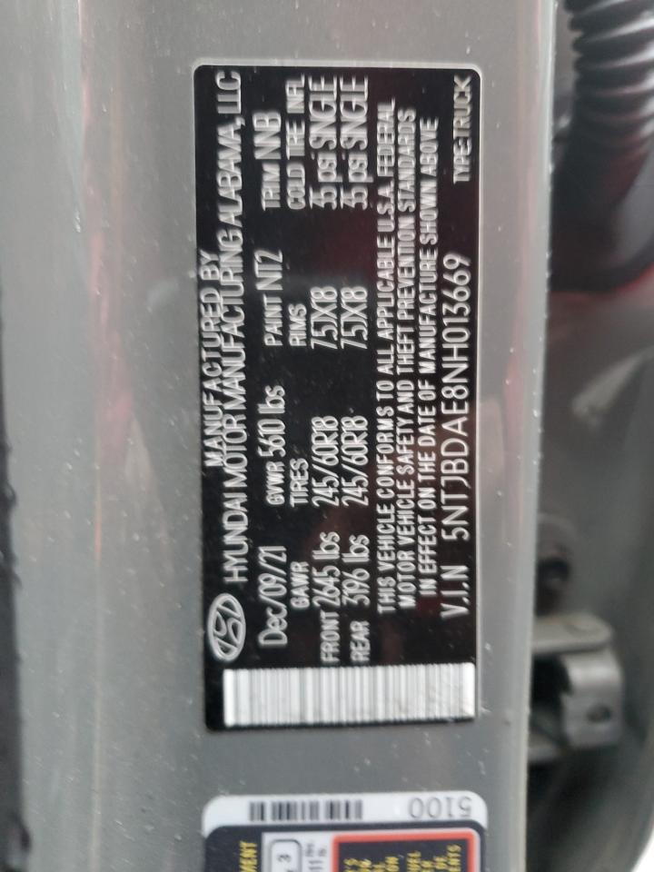 2022 HYUNDAI SANTA CRUZ SEL VIN:5NTJBDAE8NH013669