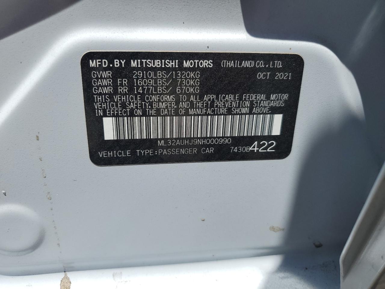 2022 MITSUBISHI MIRAGE ES VIN:ML32AUHJ9NH000990