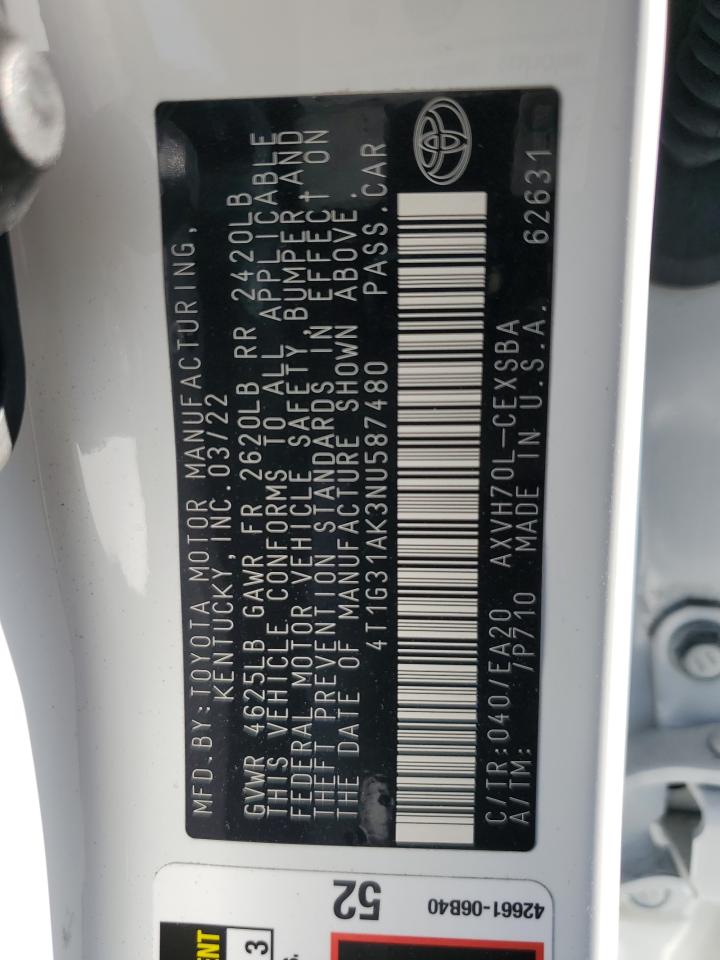 2022 TOYOTA CAMRY NIGHT SHADE VIN:4T1G31AK3NU587480