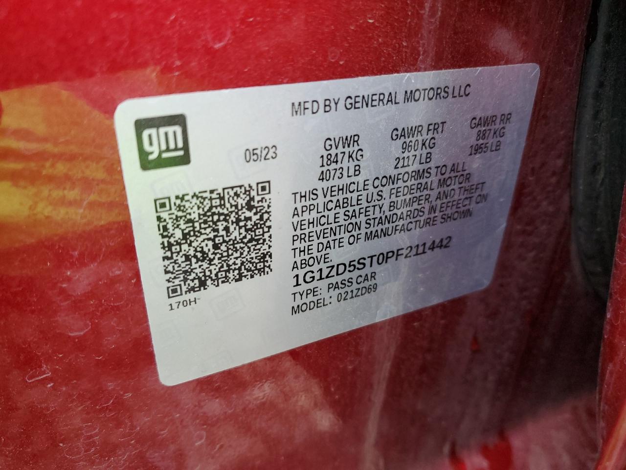 2023 CHEVROLET MALIBU LT VIN:1G1ZD5ST0PF211442