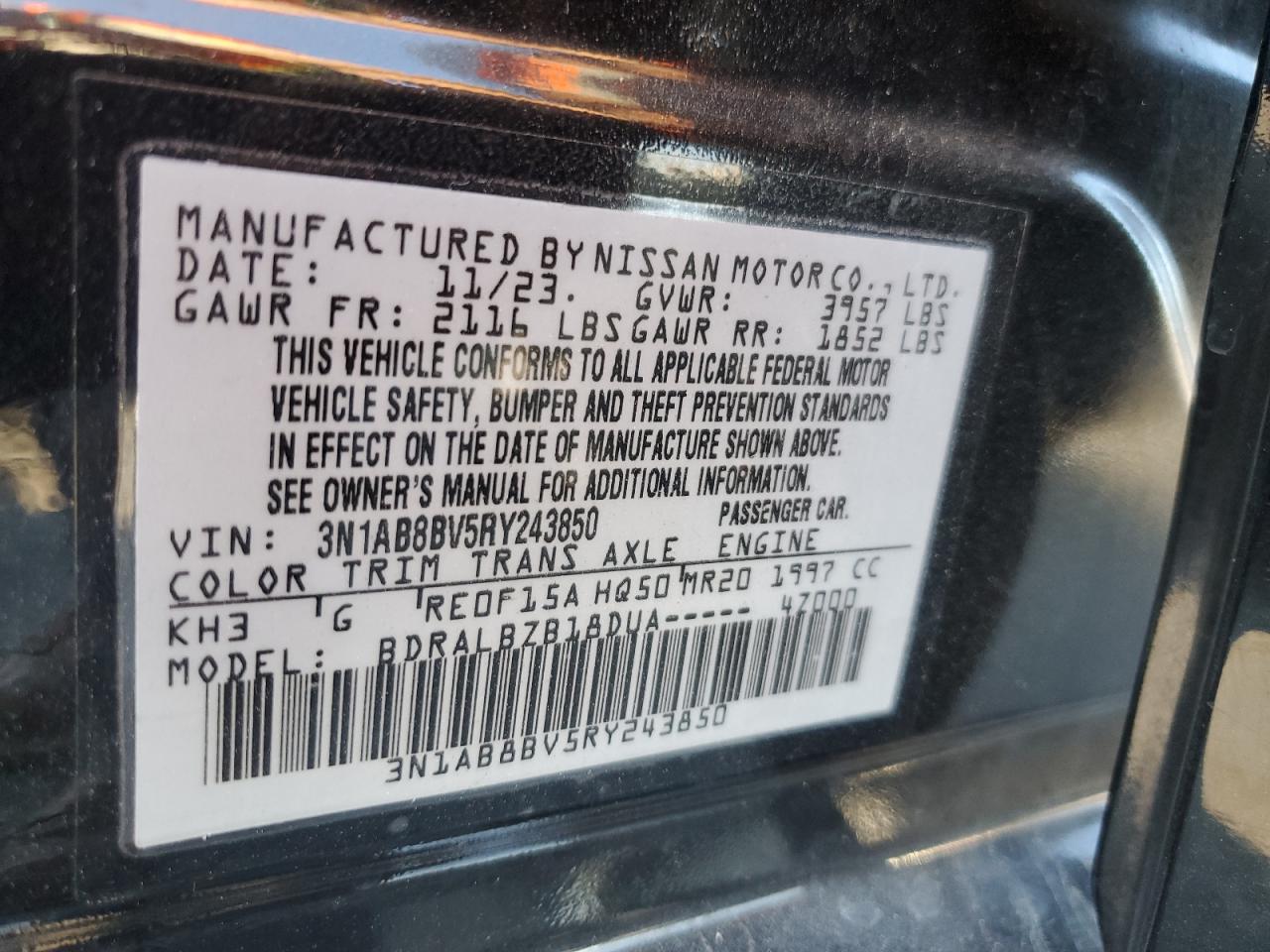 2024 NISSAN SENTRA S VIN:3N1AB8BV5RY243850