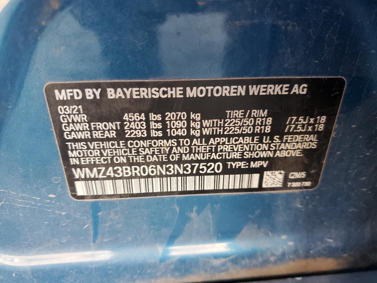 2022 MINI COOPER COUNTRYMAN ALL4 VIN:WMZ43BR06N3N37520