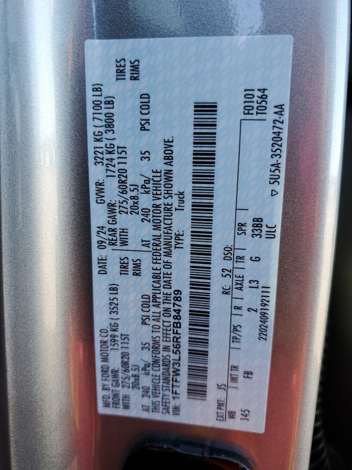 2024 FORD F150 XLT VIN:1FTFW3L56RFB84789