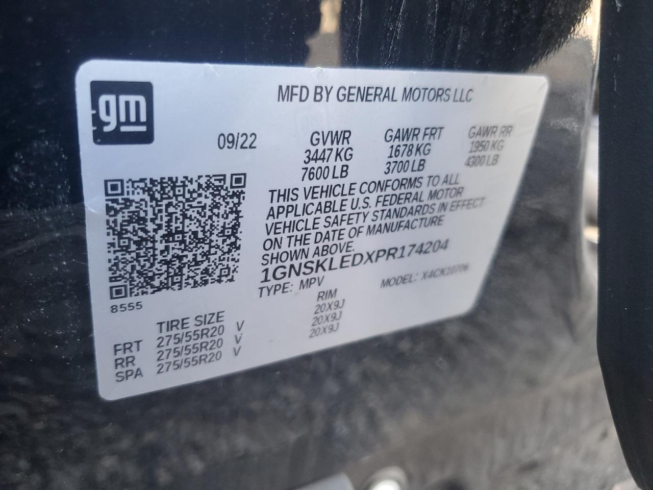 2023 CHEVROLET TAHOE K1500 VIN:1GNSKLEDXPR174204