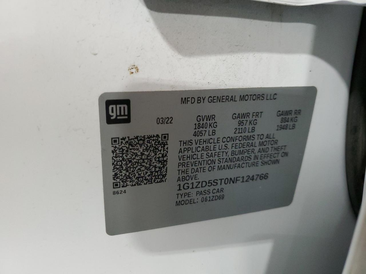 2022 CHEVROLET MALIBU LT VIN:1G1ZD5ST0NF124766