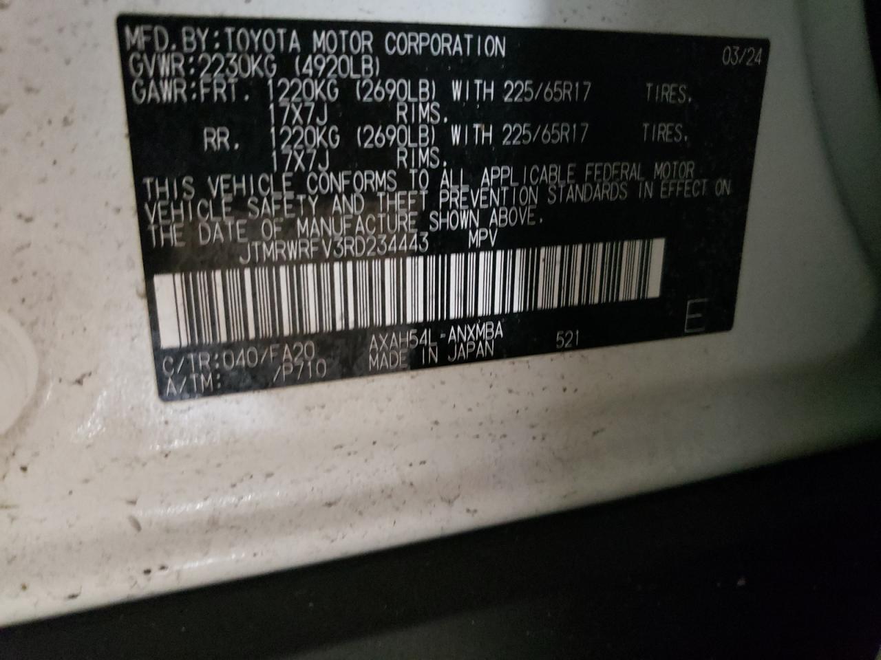 2024 TOYOTA RAV4 XLE VIN:JTMRWRFV3RD234443