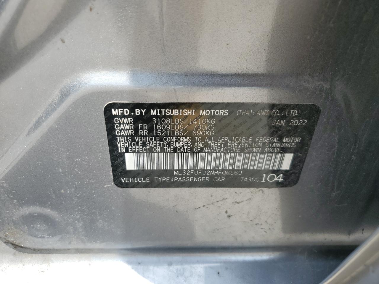 2022 MITSUBISHI MIRAGE G4 ES VIN:ML32FUFJ2NHF06569