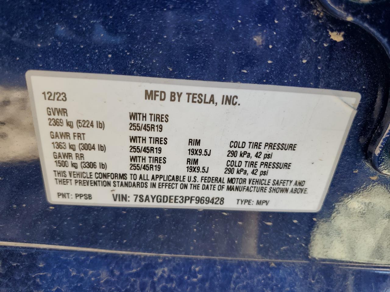 2023 TESLA MODEL Y VIN:7SAYGDEE3PF969428