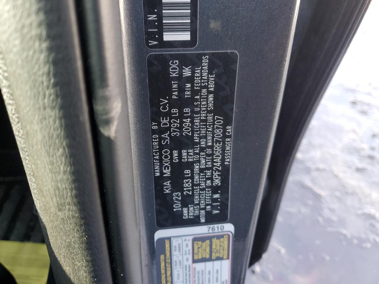 2024 KIA FORTE LX VIN:3KPF24AD6RE708707