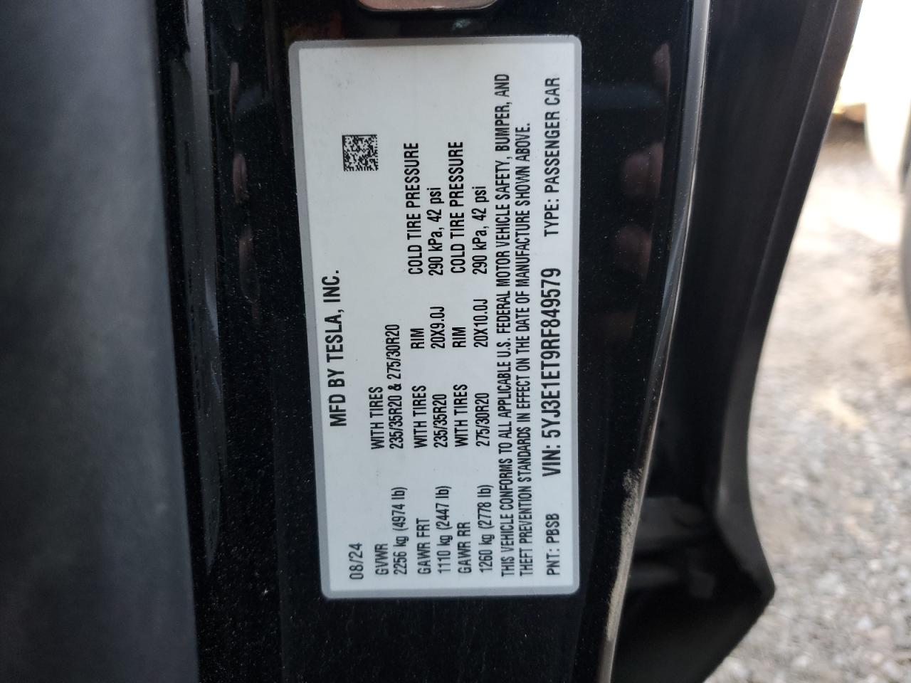 2024 TESLA MODEL 3 VIN:5YJ3E1ET9RF849579