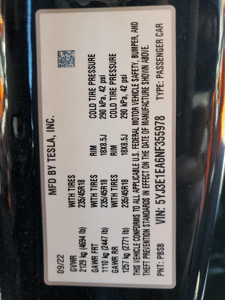 2022 TESLA MODEL 3 VIN:5YJ3E1EA6NF355978
