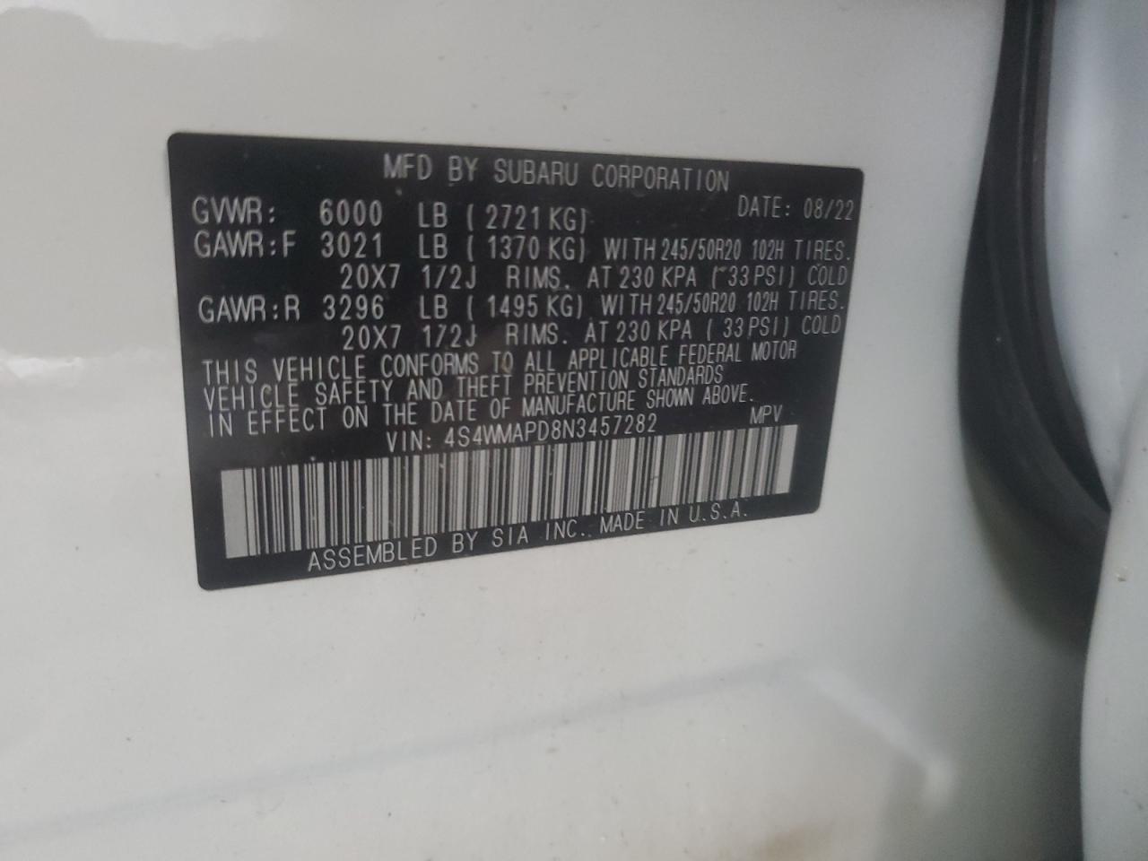 2022 SUBARU ASCENT LIMITED VIN:4S4WMAPD8N3457282