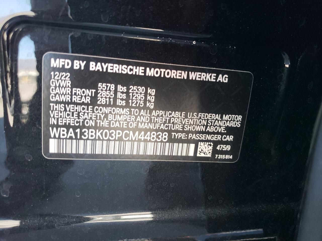 2023 BMW M550XI VIN:WBA13BK03PCM44838