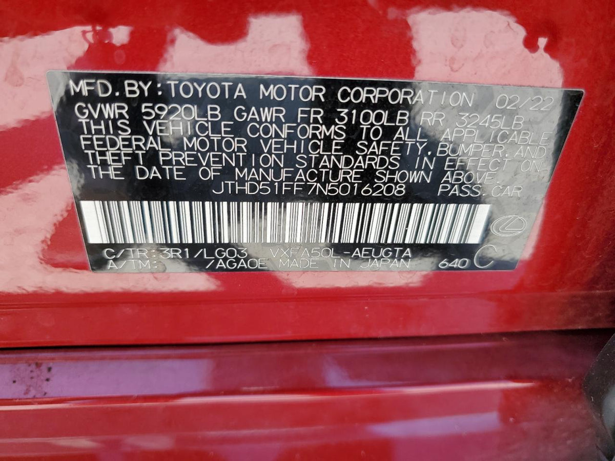 2022 LEXUS LS 500 BASE VIN:JTHD51FF7N5016208