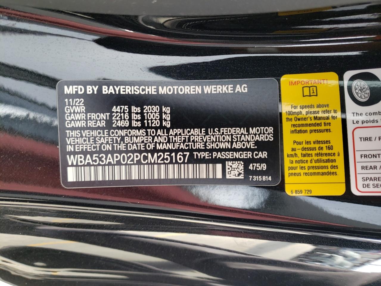 2023 BMW 430I VIN:WBA53AP02PCM25167