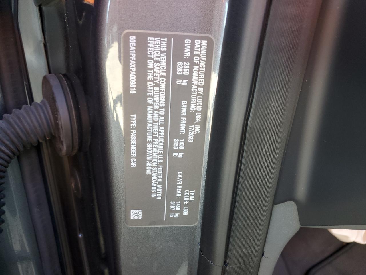 2023 LUCID MOTORS AIR PURE VIN:50EA1PFAXPA009816