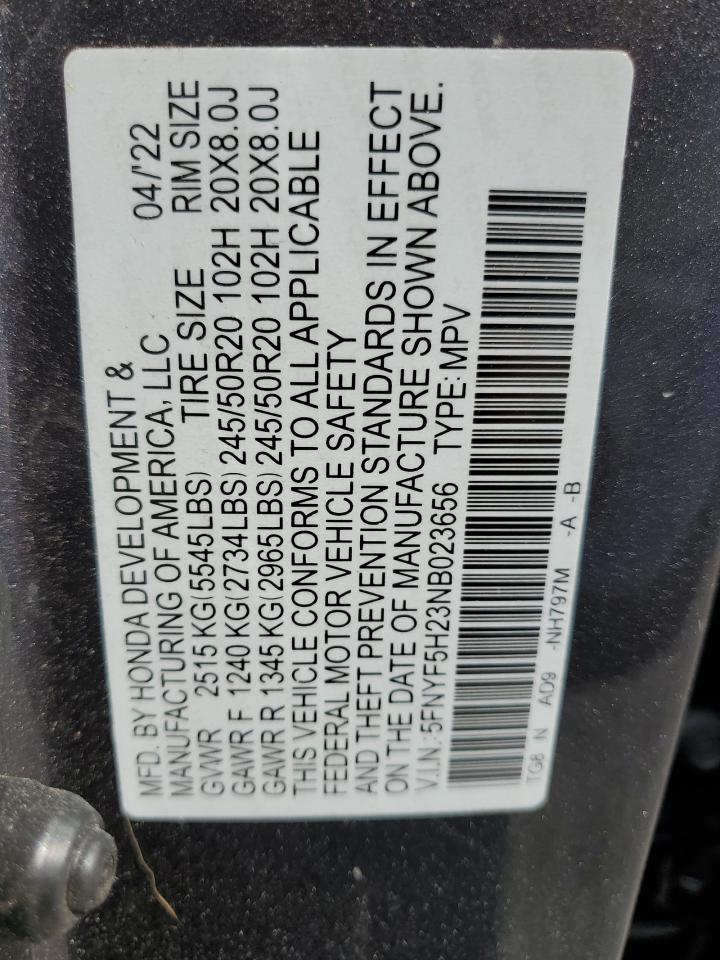 2022 HONDA PILOT SE VIN:5FNYF5H23NB023656