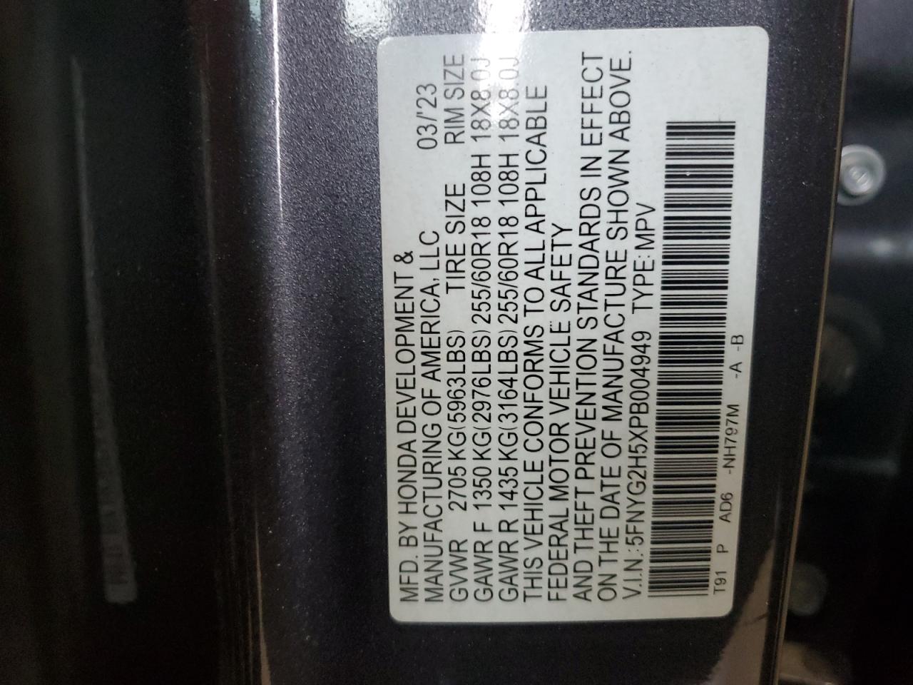 2023 HONDA PILOT EXL VIN:5FNYG2H5XPB004949