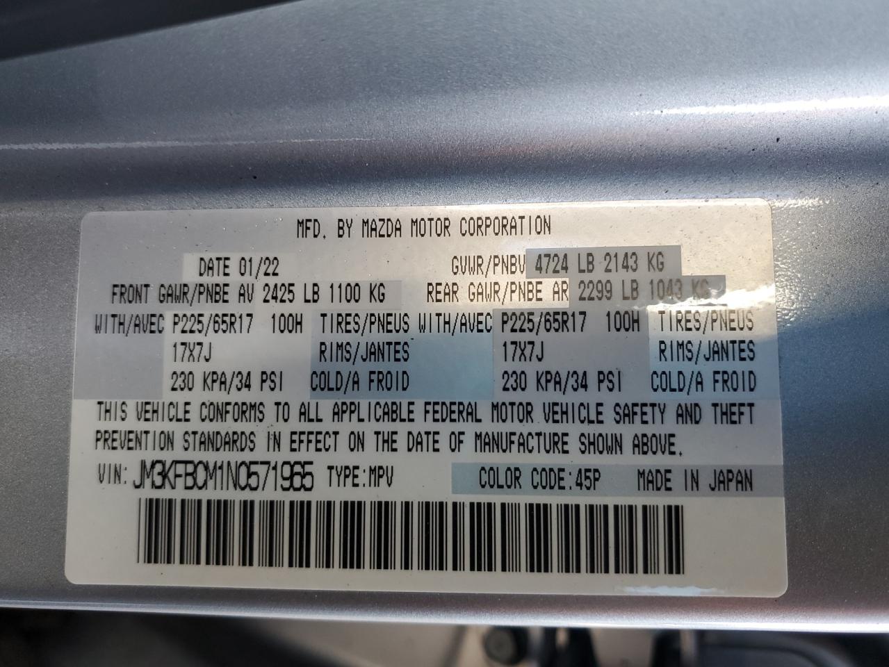 2022 MAZDA CX-5 PREFERRED VIN:JM3KFBCM1N0571965