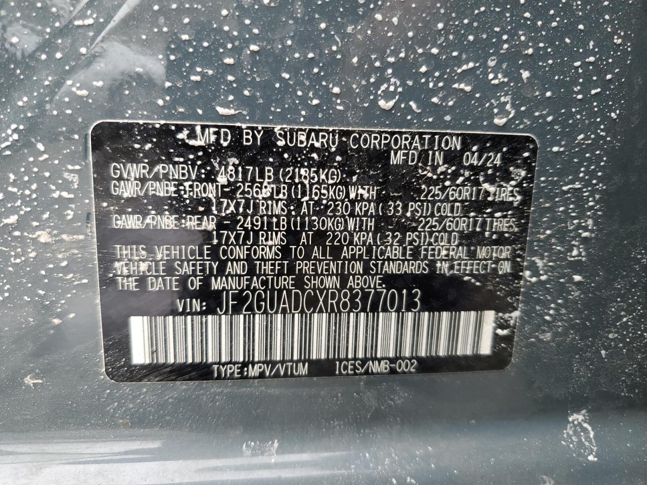 2024 SUBARU CROSSTREK PREMIUM VIN:JF2GUADCXR8377013