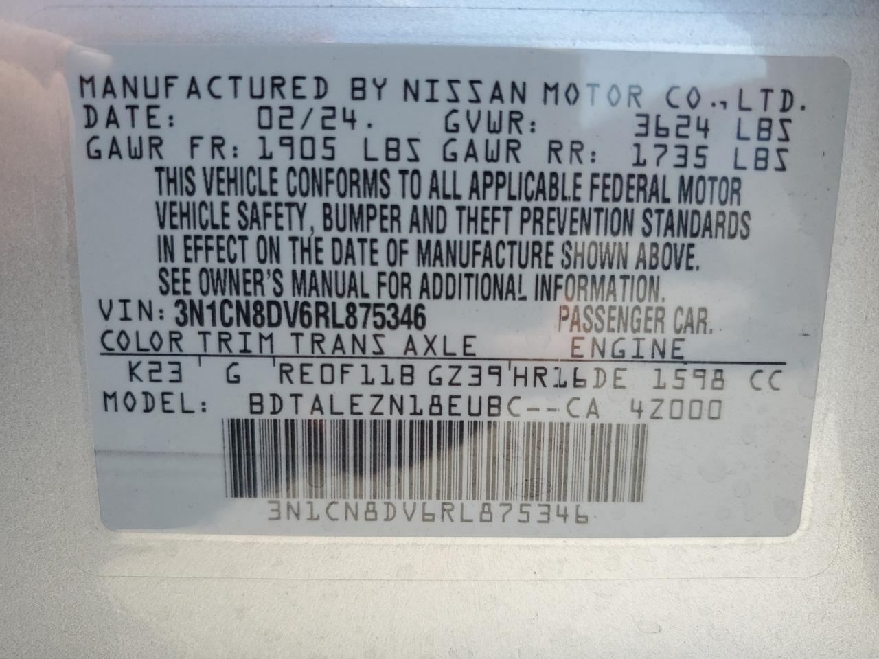 2024 NISSAN VERSA S VIN:3N1CN8DV6RL875346