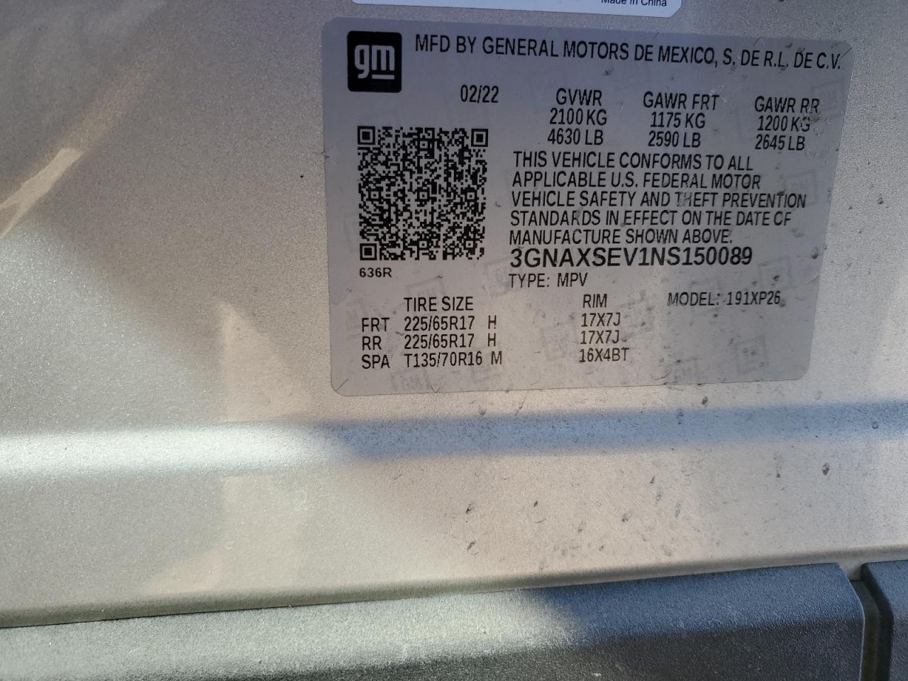 2022 CHEVROLET EQUINOX LS VIN:3GNAXSEV1NS150089