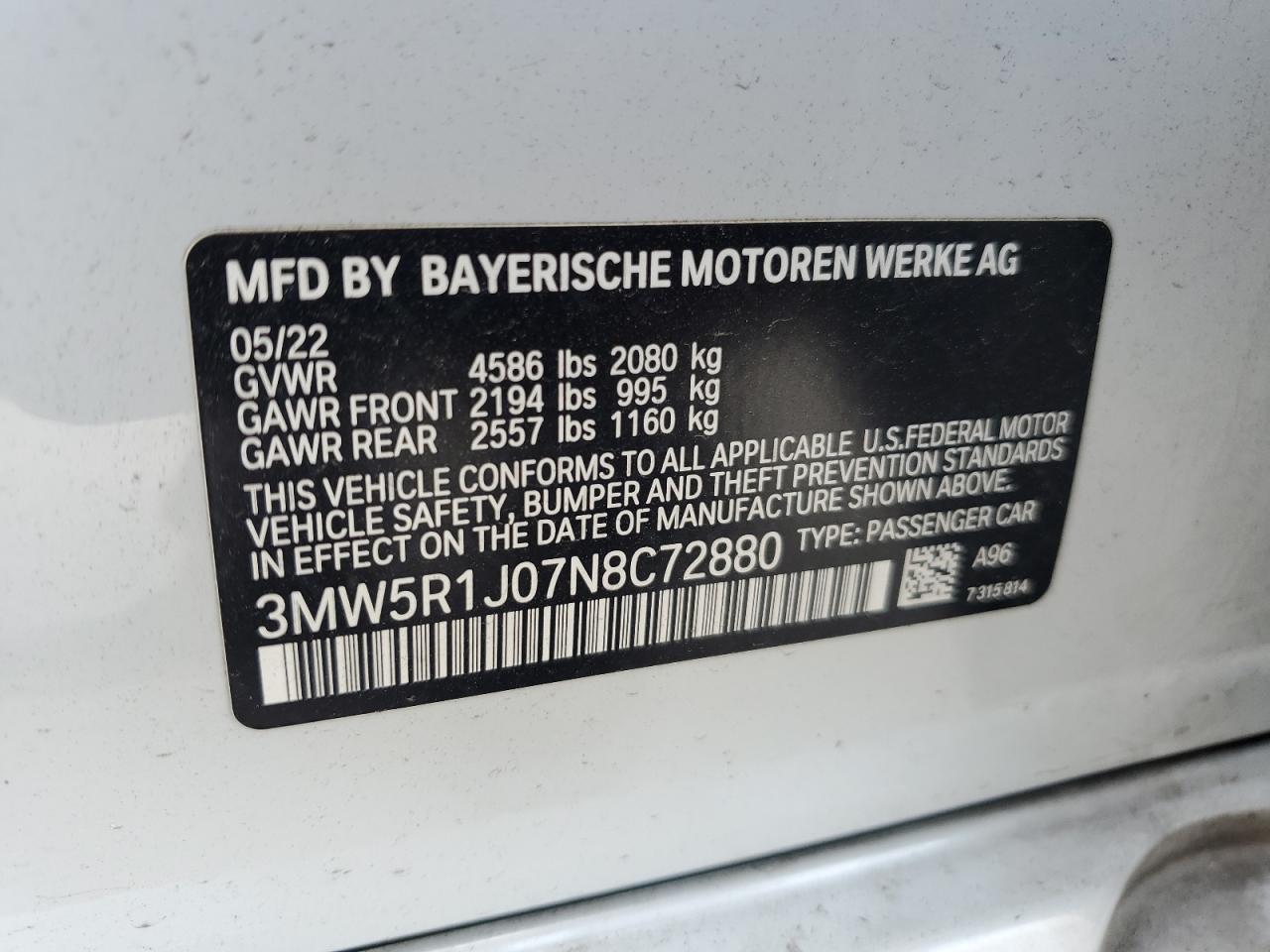 2022 BMW 330I VIN:3MW5R1J07N8C72880