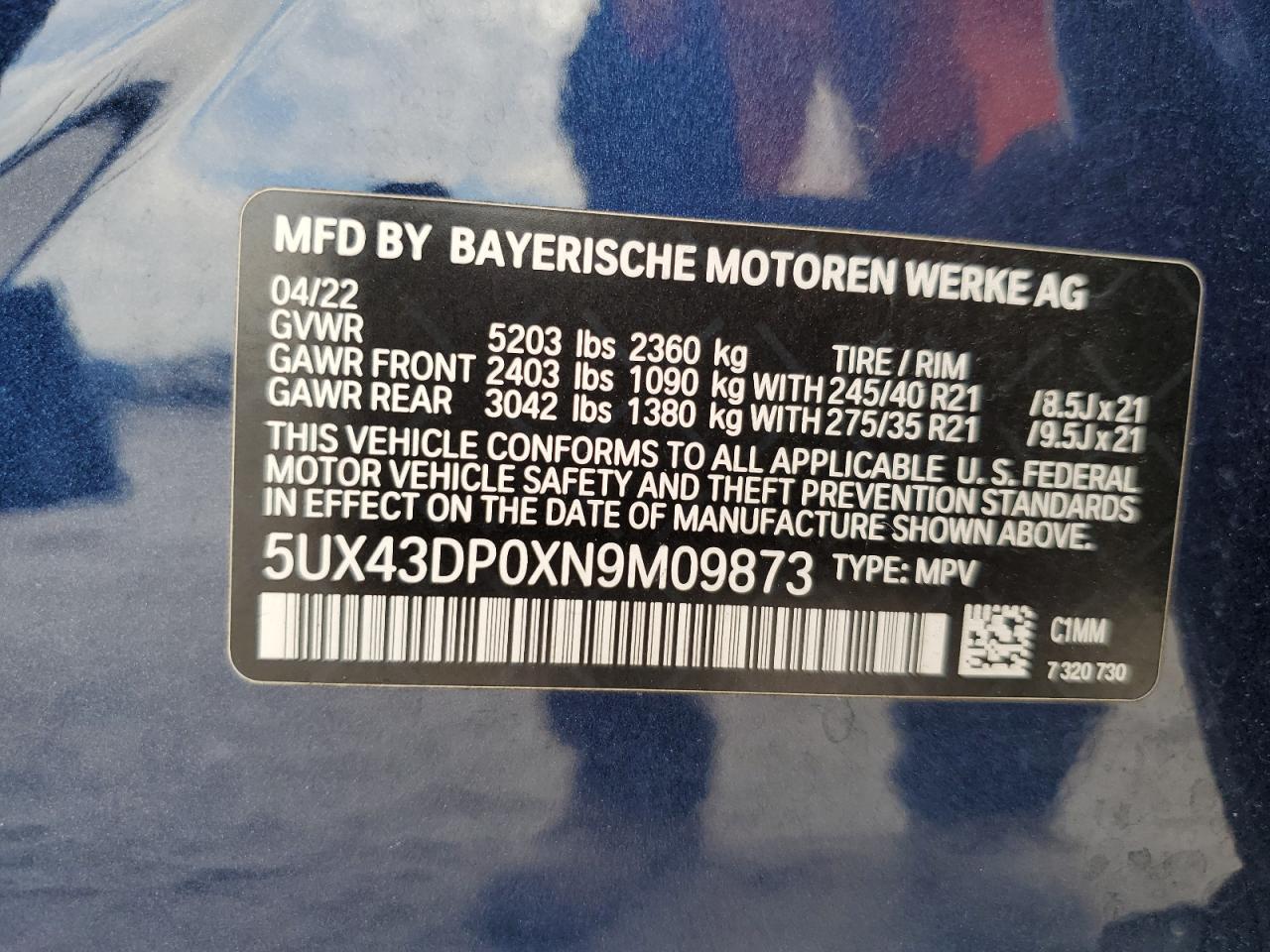 2022 BMW X3 SDRIVE30I VIN:5UX43DP0XN9M09873