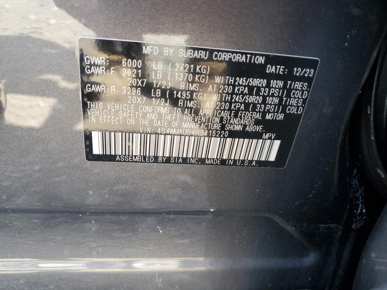 2024 SUBARU ASCENT LIMITED VIN:4S4WMAUD4R3415220