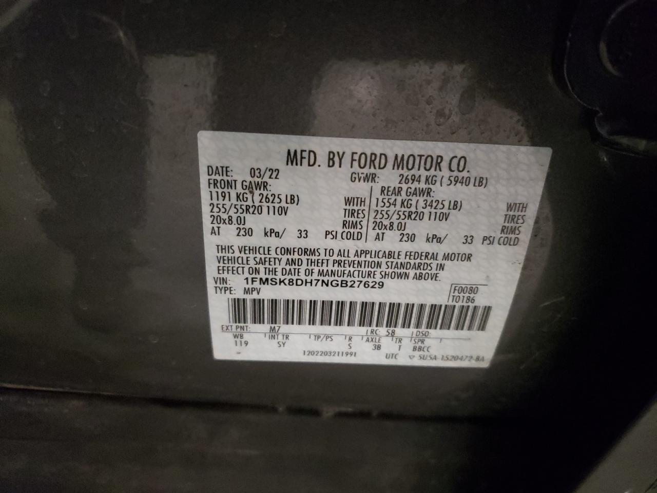 2022 FORD EXPLORER XLT VIN:1FMSK8DH7NGB27629