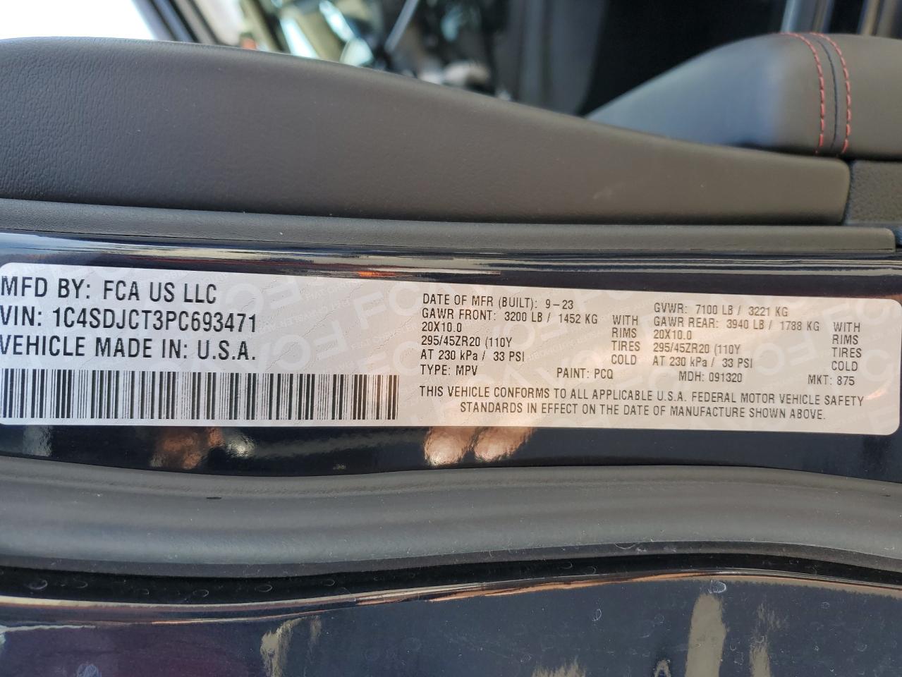 2023 DODGE DURANGO R/T VIN:1C4SDJCT3PC693471