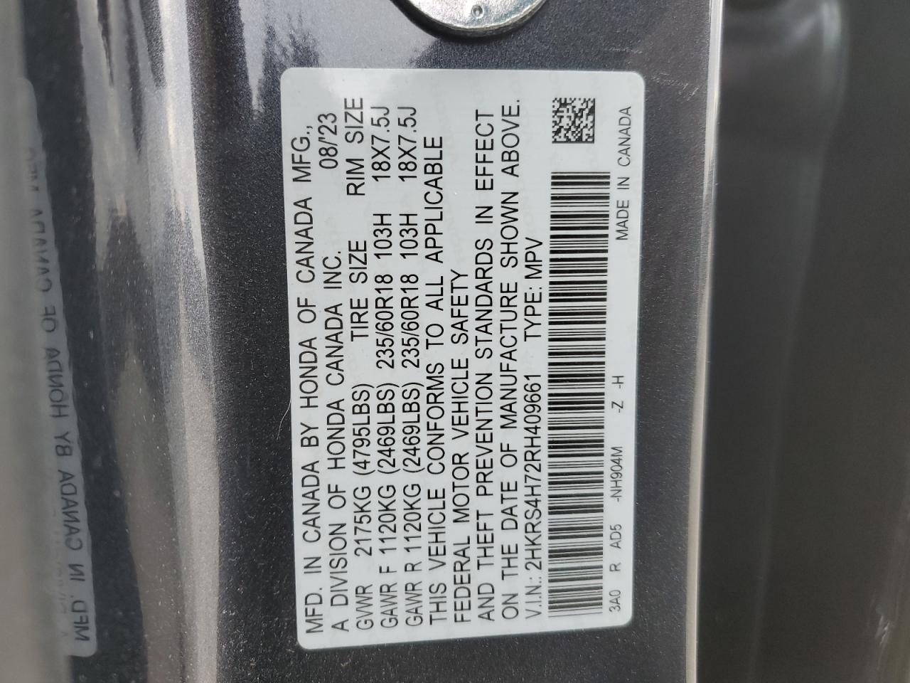 2024 HONDA CR-V EXL VIN:2HKRS4H72RH409661